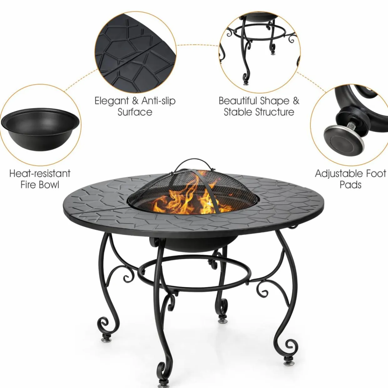 Tangkula Outdoor Fire Pit Table, 4 in 1 36 Inch Round BBQ Garden Fire Bowl with Lid, Bonfire Wood Burning Fire Pit for Outside Backyard