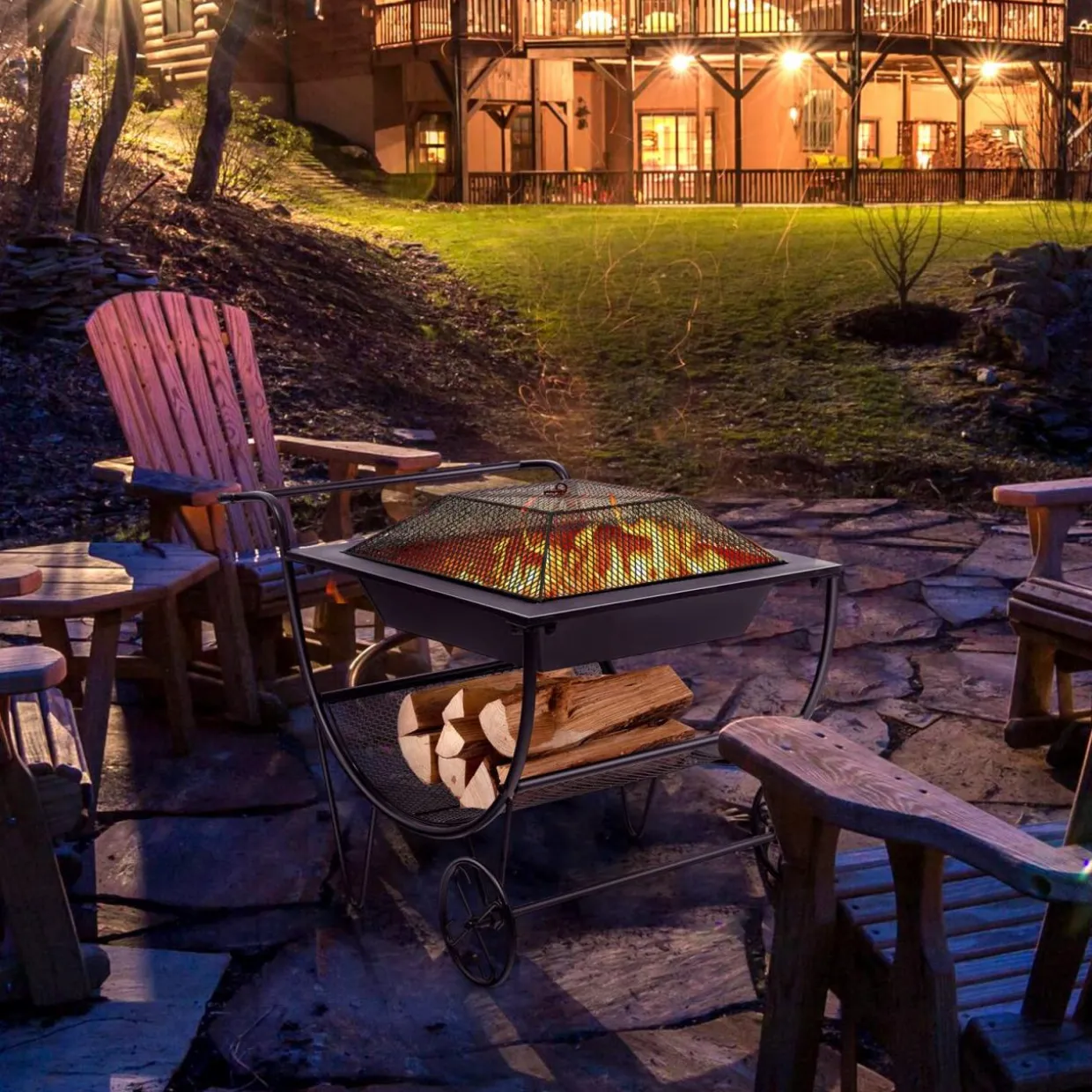 Tangkula Outdoor Fire Pit with Wheels and Firewood Log Rack, Patio Wood Burning Bonfire Pit with Storage Rack