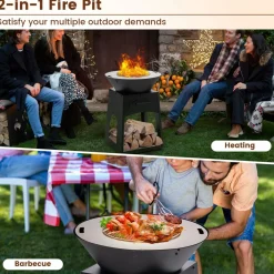 Tangkula Outdoor Fire Pit with Storage, Patio Wood Burning Fireplace with Grill & Ash Box, Spacious Bottom Storage Compartment
