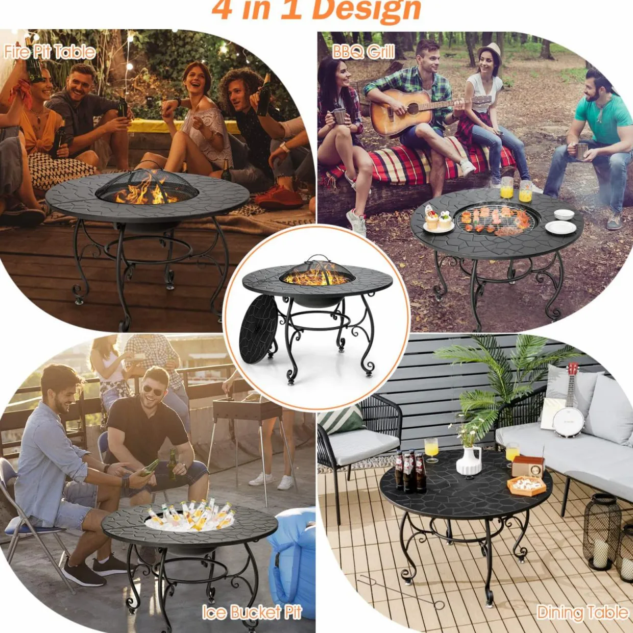 Tangkula Outdoor Fire Pit Table, 4 in 1 36 Inch Round BBQ Garden Fire Bowl with Lid, Bonfire Wood Burning Fire Pit for Outside Backyard
