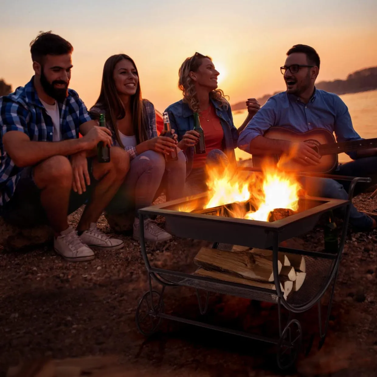 Tangkula Outdoor Fire Pit with Wheels and Firewood Log Rack, Patio Wood Burning Bonfire Pit with Storage Rack