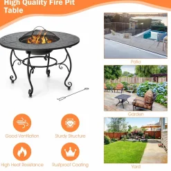 Tangkula Outdoor Fire Pit Table, 4 in 1 36 Inch Round BBQ Garden Fire Bowl with Lid, Bonfire Wood Burning Fire Pit for Outside Backyard