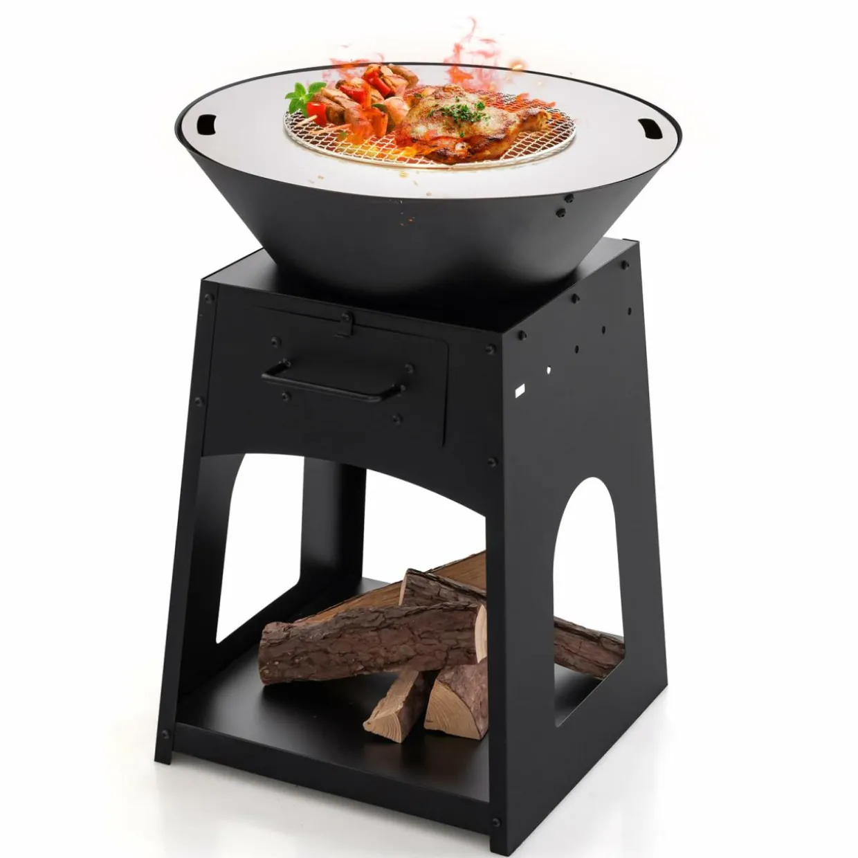Tangkula Outdoor Fire Pit with Storage, Patio Wood Burning Fireplace with Grill & Ash Box, Spacious Bottom Storage Compartment