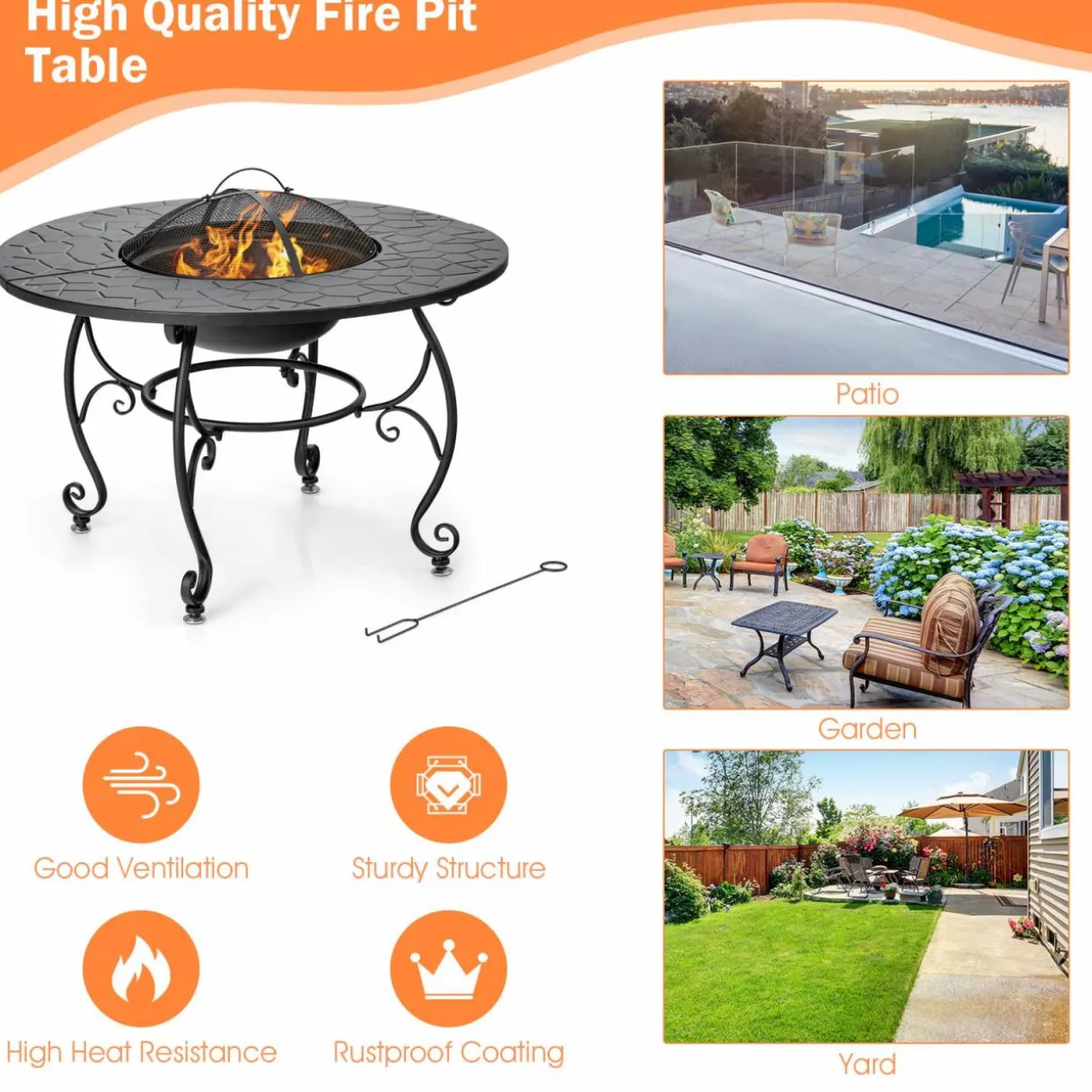 Tangkula Outdoor Fire Pit Table, 4 in 1 36 Inch Round BBQ Garden Fire Bowl with Lid, Bonfire Wood Burning Fire Pit for Outside Backyard