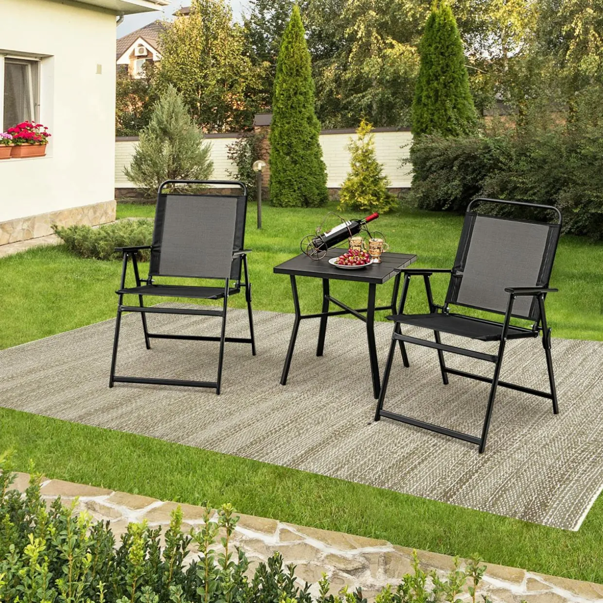 Tangkula Outdoor Folding Chairs Set of 2, Patio Dining Chairs with Breathable Seat & Cozy Armrests