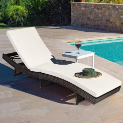 Tangkula Outdoor Folding Chaise Lounge, Rattan Patio Lounge Chair with Removable Thick Cushion, 5 Adjustable Levels