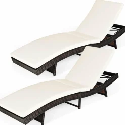 Tangkula Outdoor Folding Chaise Lounge, Rattan Patio Lounge Chair with Removable Thick Cushion, 5 Adjustable Levels