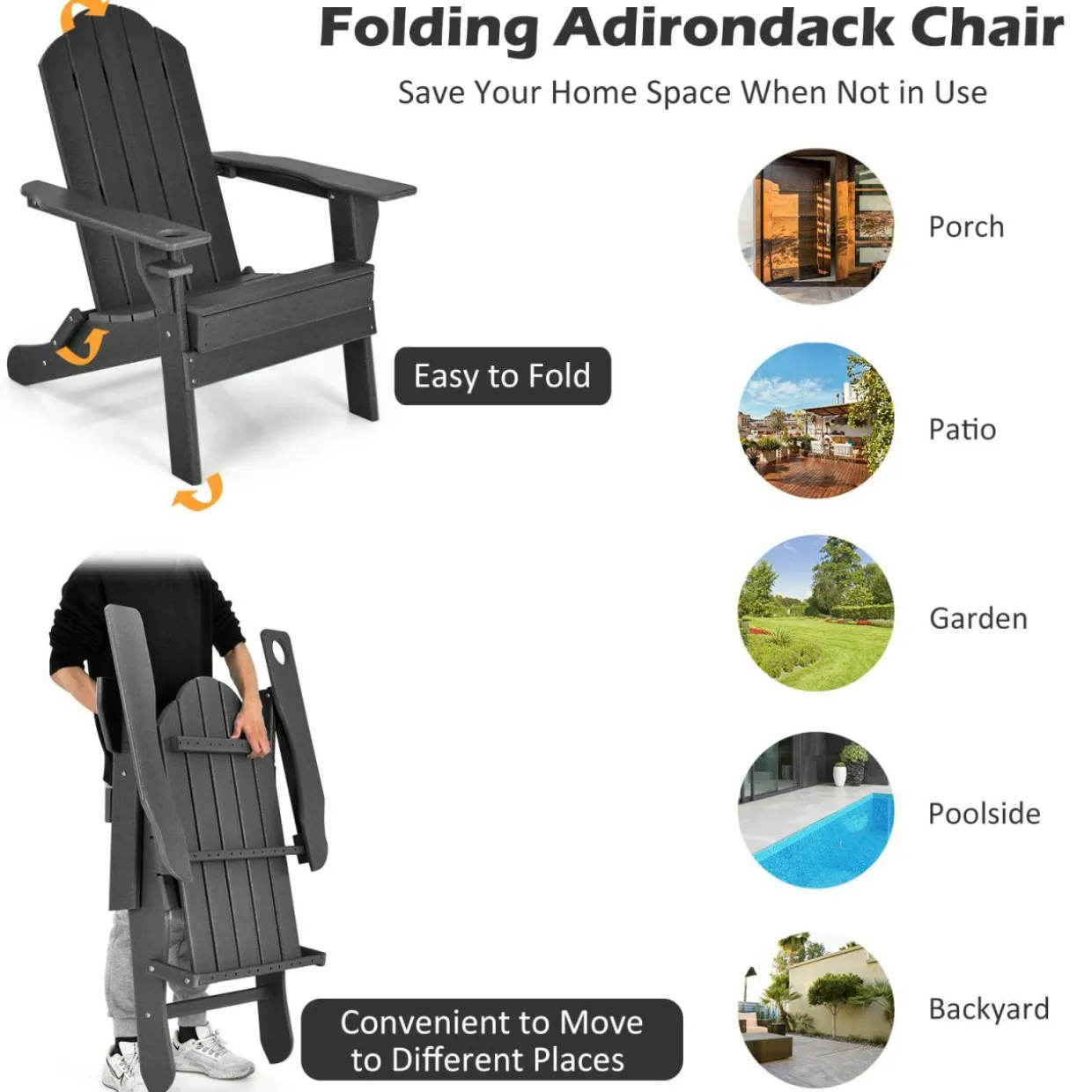 Tangkula Outdoor Folding Adirondack Chair, Weather Resistant Lounger Chair for Patio Garden Fire Pit Backyard