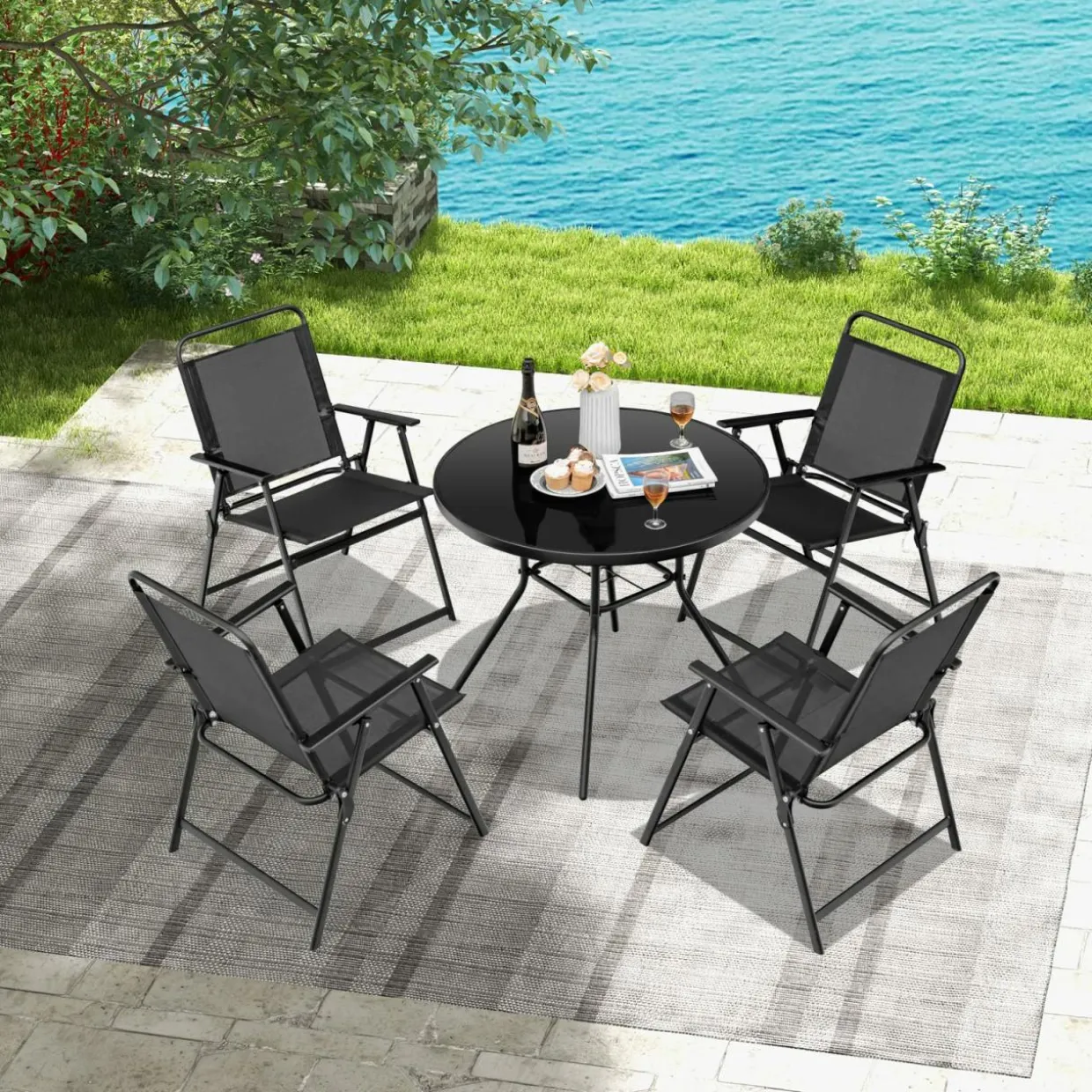 Tangkula Outdoor Folding Chairs Set of 2, Patio Dining Chairs with Breathable Seat & Cozy Armrests