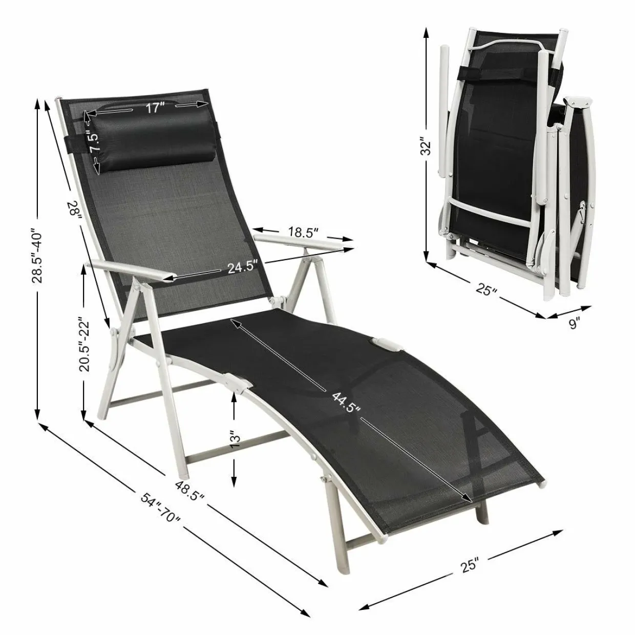 Tangkula Outdoor Folding Chaise Lounge Chair, Lightweight Recliner Chair w/ 7 Adjustable Backrest Positions