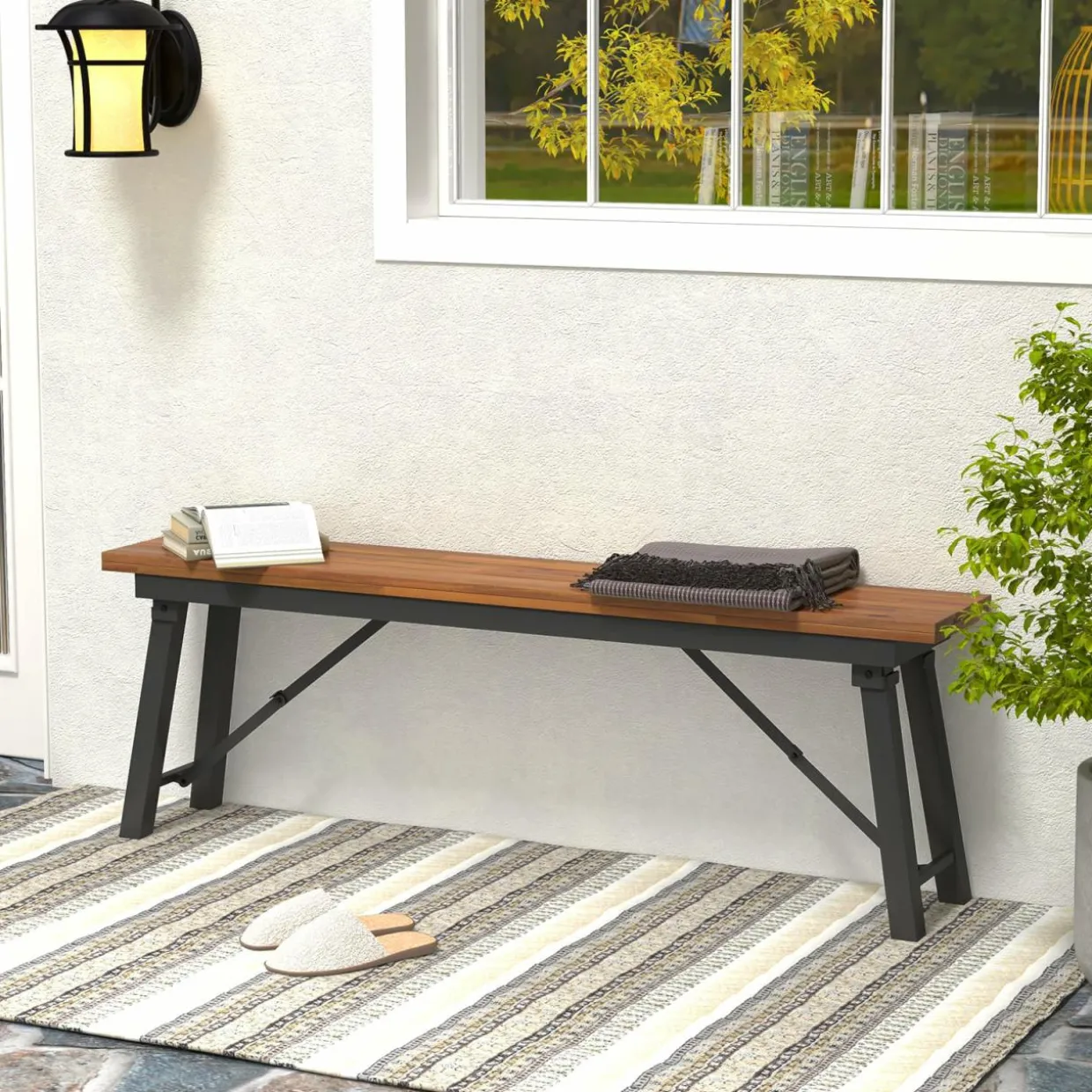 Tangkula Outdoor Folding Bench Set of 2, 55 Inches Long 2-3 Person Acacia Wood Backless
