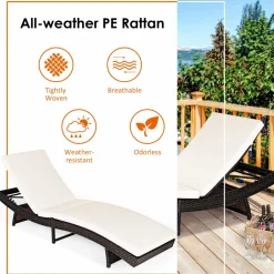 Tangkula Outdoor Folding Chaise Lounge, Rattan Patio Lounge Chair with Removable Thick Cushion, 5 Adjustable Levels