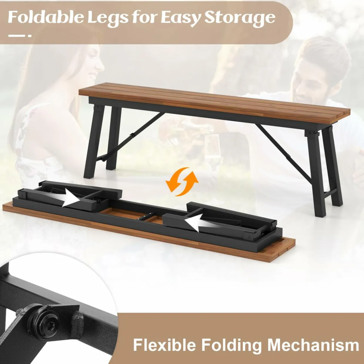 Tangkula Outdoor Folding Bench Set of 2, 55 Inches Long 2-3 Person Acacia Wood Backless
