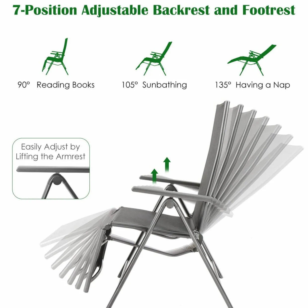 Tangkula Outdoor Folding Lounge Chair, Patio Reclining Chair W/7 Adjustable Backrest & Footrest Positions
