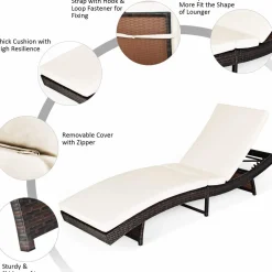 Tangkula Outdoor Folding Chaise Lounge, Rattan Patio Lounge Chair with Removable Thick Cushion, 5 Adjustable Levels