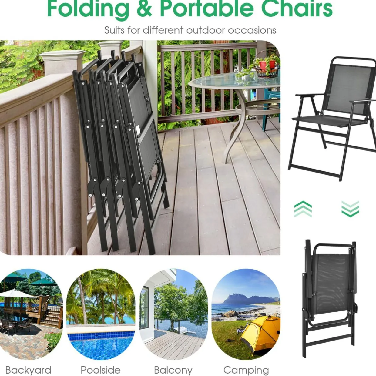 Tangkula Outdoor Folding Chairs Set of 2, Patio Dining Chairs with Breathable Seat & Cozy Armrests