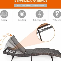 Tangkula Outdoor Folding Chaise Lounge, Rattan Patio Lounge Chair with Removable Thick Cushion, 5 Adjustable Levels