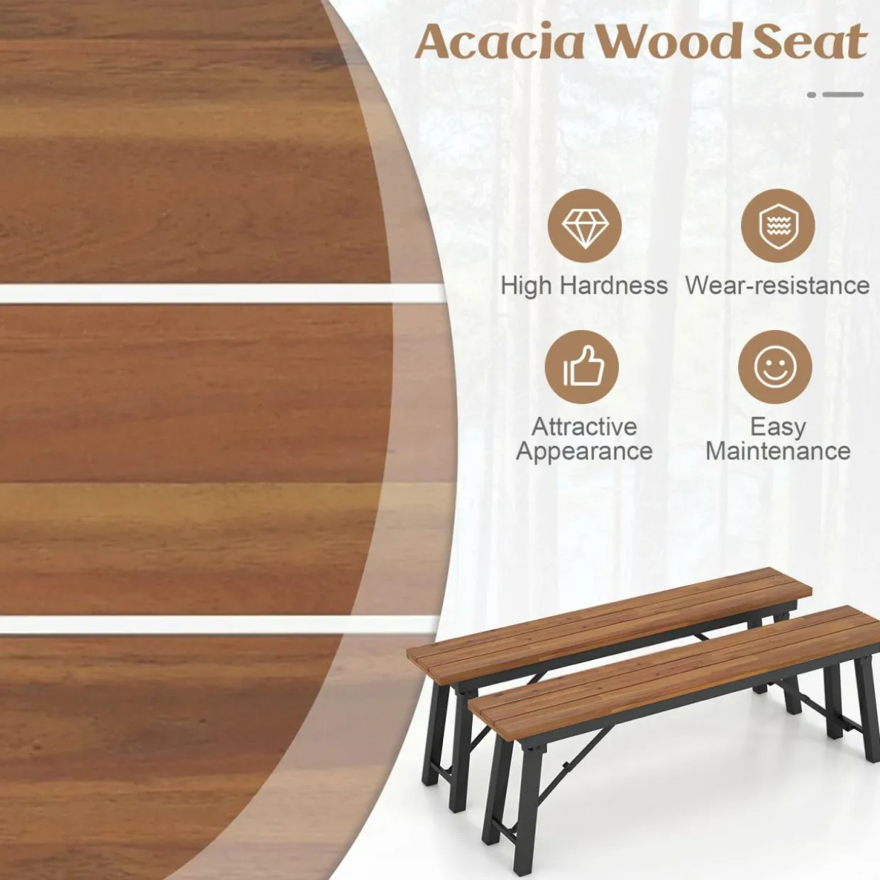 Tangkula Outdoor Folding Bench Set of 2, 55 Inches Long 2-3 Person Acacia Wood Backless