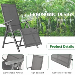 Tangkula Outdoor Folding Lounge Chair, Patio Reclining Chair W/7 Adjustable Backrest & Footrest Positions