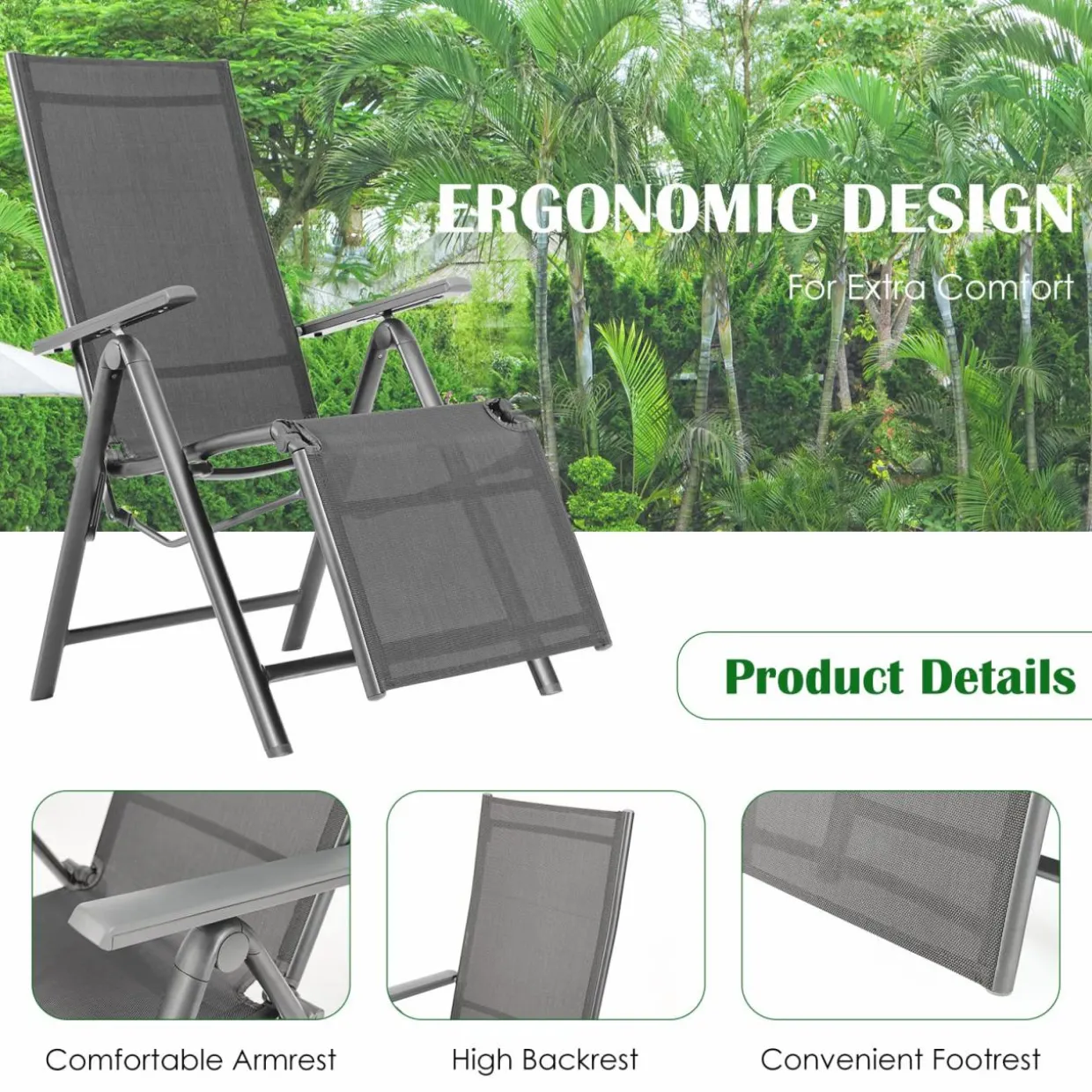 Tangkula Outdoor Folding Lounge Chair, Patio Reclining Chair W/7 Adjustable Backrest & Footrest Positions