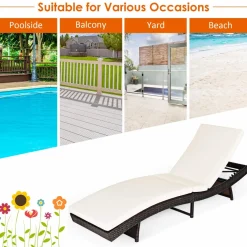 Tangkula Outdoor Folding Chaise Lounge, Rattan Patio Lounge Chair with Removable Thick Cushion, 5 Adjustable Levels
