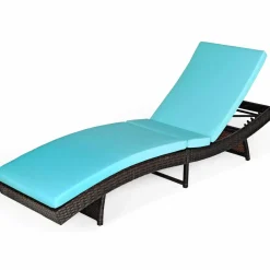 Tangkula Outdoor Folding Chaise Lounge, Rattan Patio Lounge Chair with Removable Thick Cushion, 5 Adjustable Levels