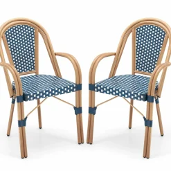 Tangkula Outdoor French Bistro Chairs Set of 2/4, Hand-Woven PE Wicker Patio Chairs with Armrests