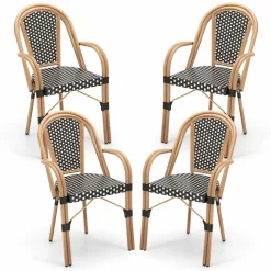 Tangkula Outdoor French Bistro Chairs Set of 2/4, Hand-Woven PE Wicker Patio Chairs with Armrests