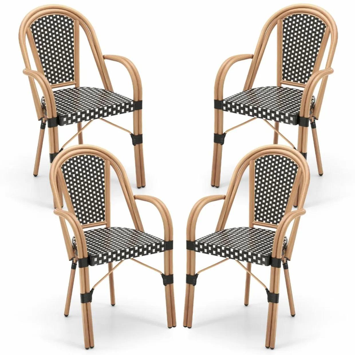 Tangkula Outdoor French Bistro Chairs Set of 2/4, Hand-Woven PE Wicker Patio Chairs with Armrests