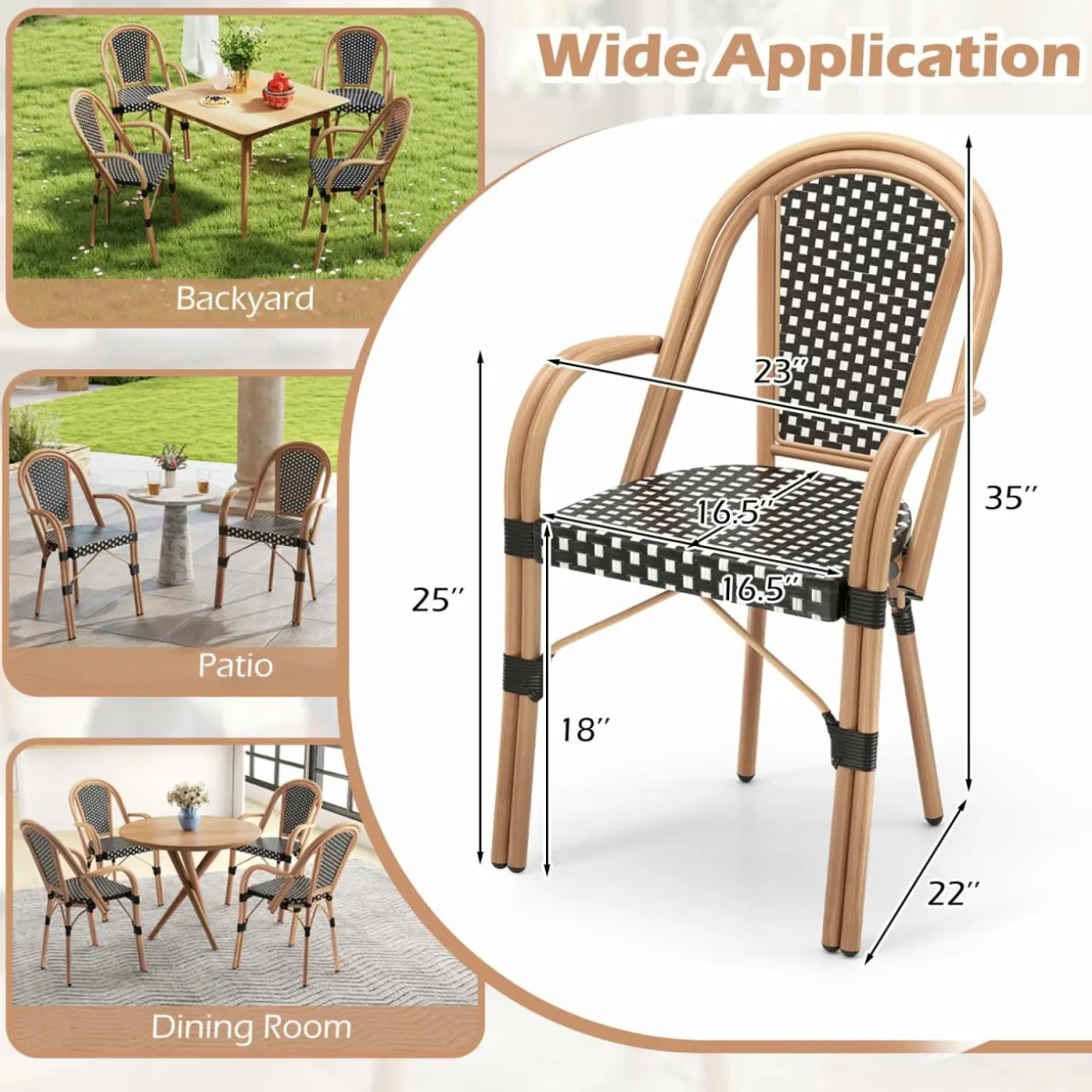 Tangkula Outdoor French Bistro Chairs Set of 2/4, Hand-Woven PE Wicker Patio Chairs with Armrests