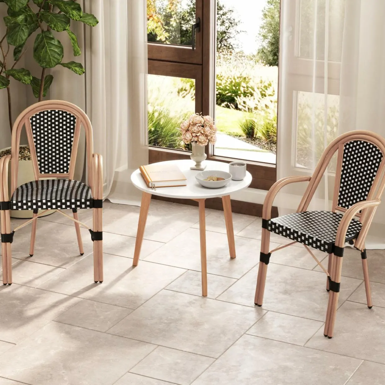 Tangkula Outdoor French Bistro Chairs Set of 2/4, Hand-Woven PE Wicker Patio Chairs with Armrests