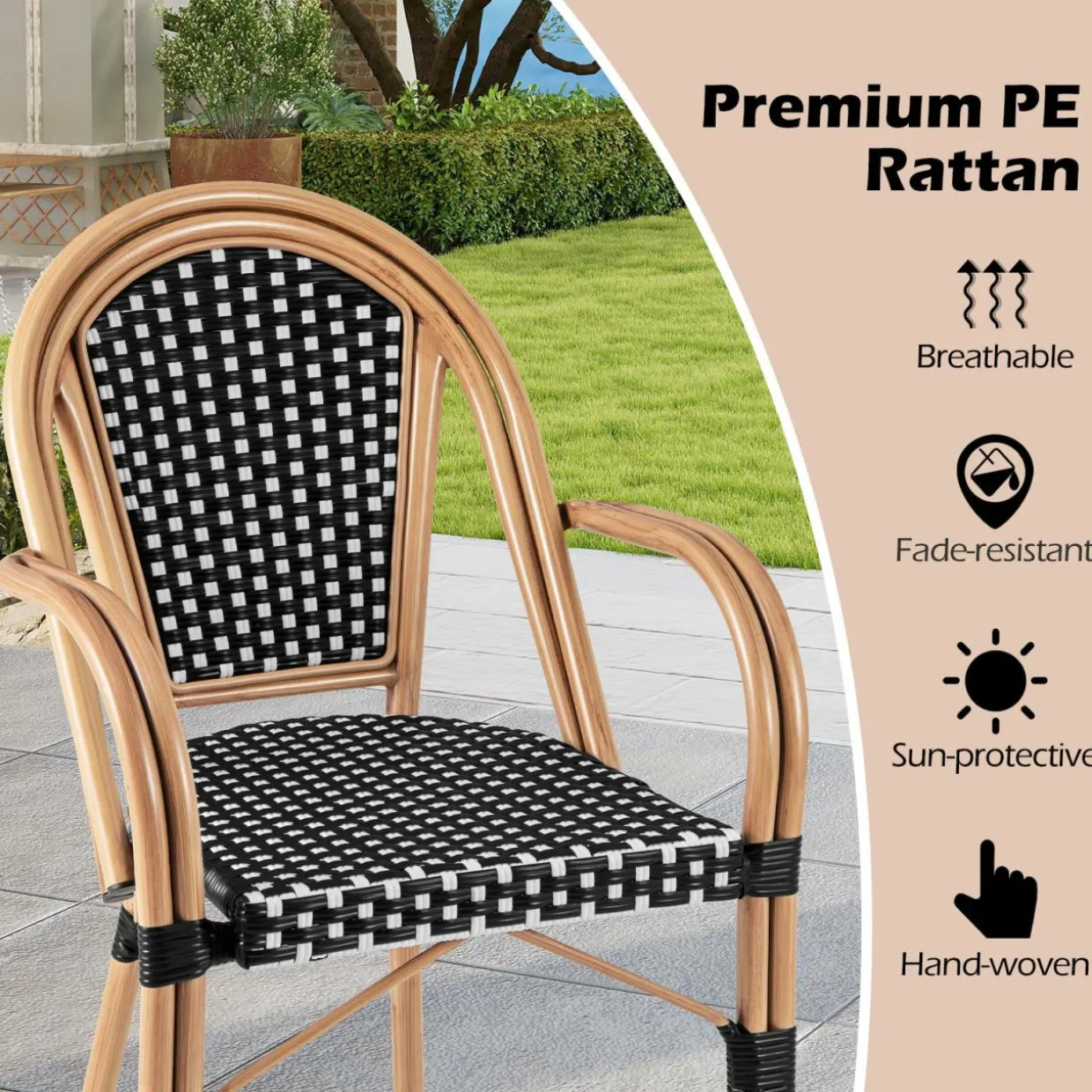 Tangkula Outdoor French Bistro Chairs Set of 2/4, Hand-Woven PE Wicker Patio Chairs with Armrests