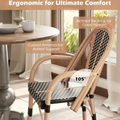 Tangkula Outdoor French Bistro Chairs Set of 2/4, Hand-Woven PE Wicker Patio Chairs with Armrests