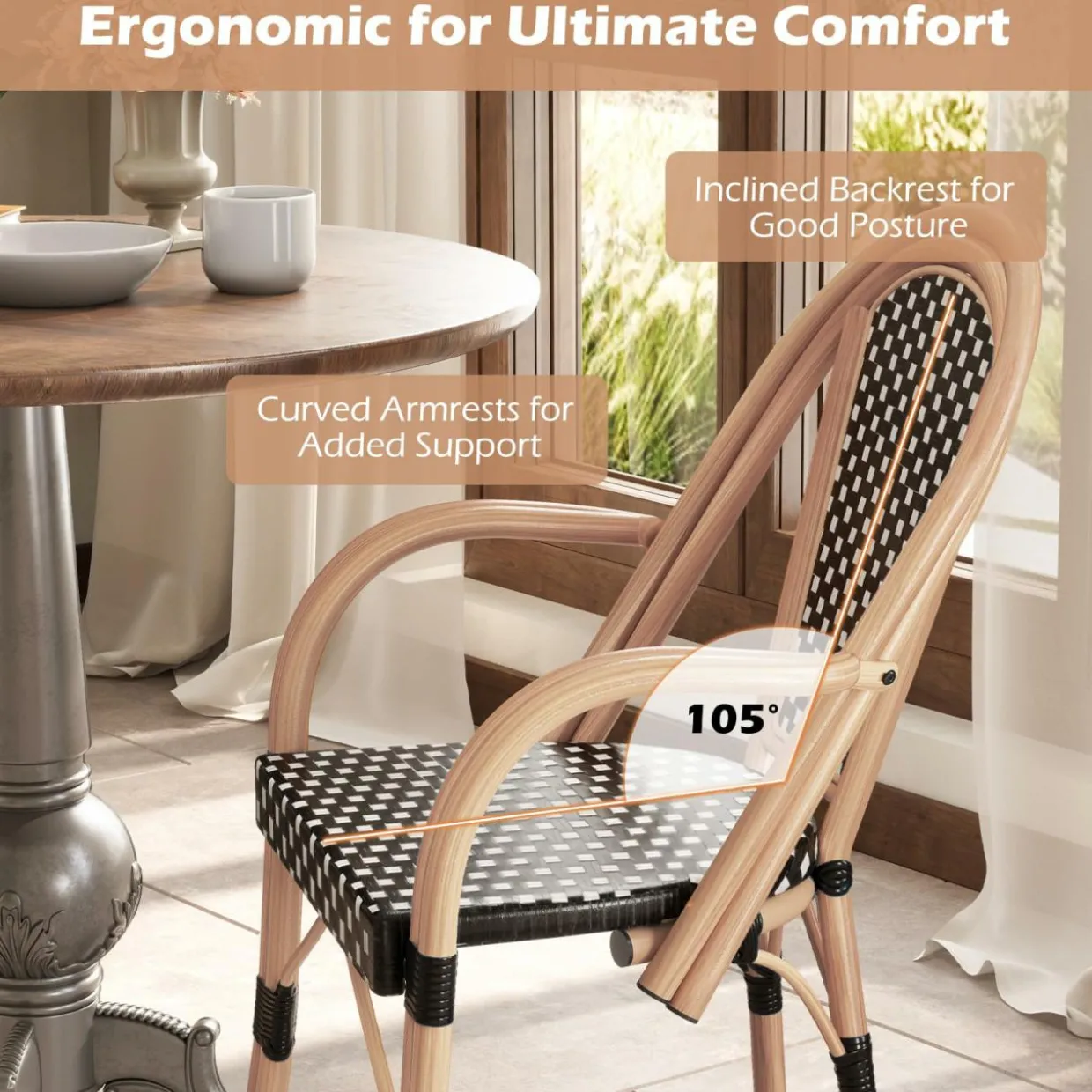 Tangkula Outdoor French Bistro Chairs Set of 2/4, Hand-Woven PE Wicker Patio Chairs with Armrests
