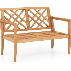 Tangkula Outdoor Garden Bench, 2-Person Teak Wood Bench with Comfy Armrests and Backrest, Slatted Seating Area