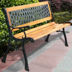 Tangkula Outdoor Garden Bench Park Bench, Patio Bench Chair with Cast Iron & Hardwood Structure