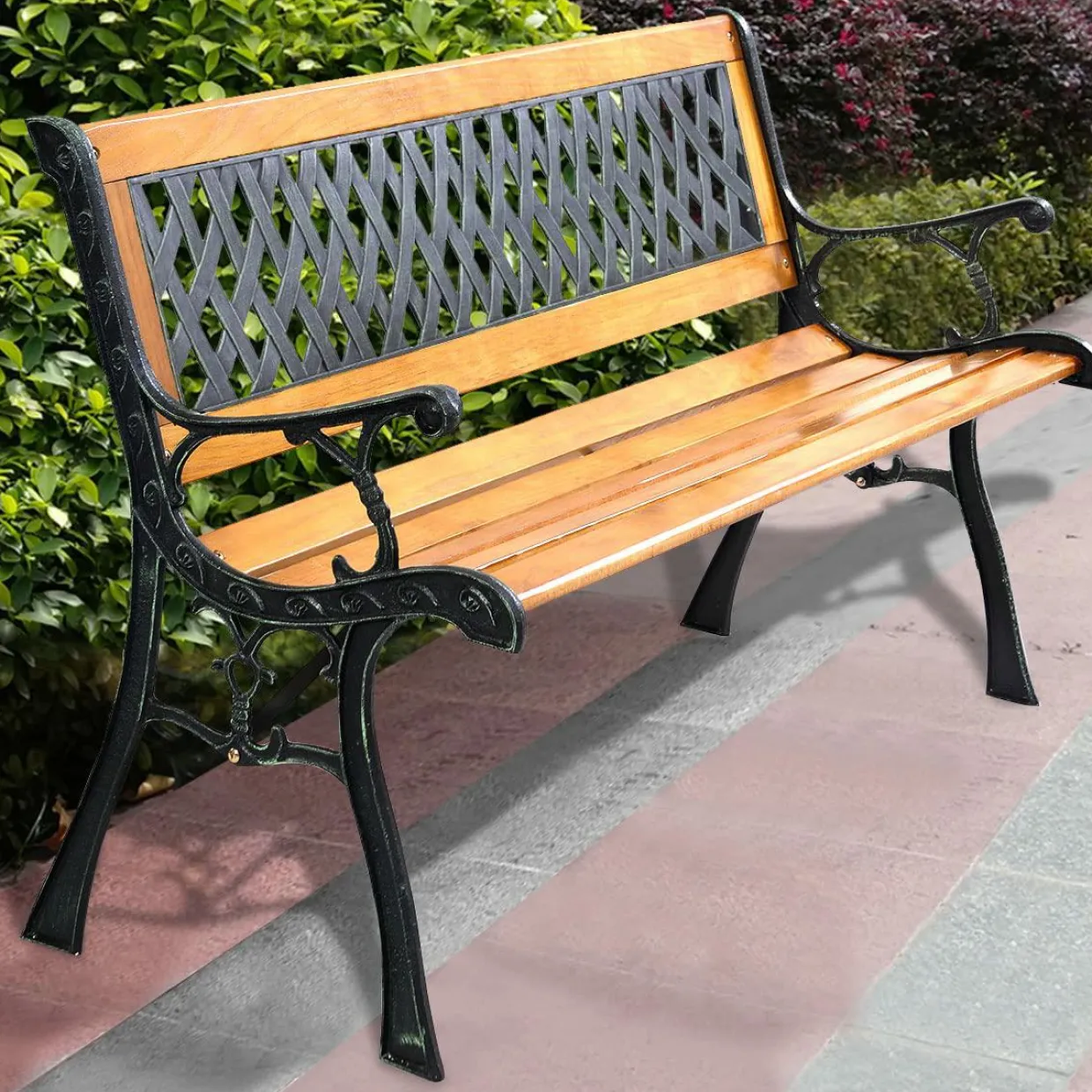Tangkula Outdoor Garden Bench Park Bench, Patio Bench Chair with Cast Iron & Hardwood Structure