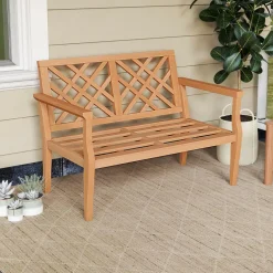 Tangkula Outdoor Garden Bench, 2-Person Teak Wood Bench with Comfy Armrests and Backrest, Slatted Seating Area