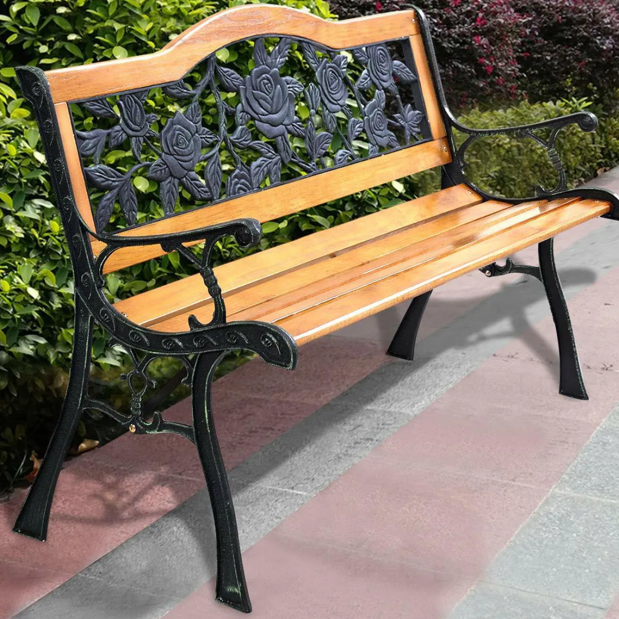 Tangkula Outdoor Garden Bench Park Bench, Patio Bench Chair with Cast Iron & Hardwood Structure