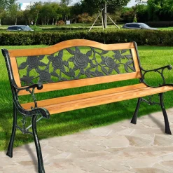 Tangkula Outdoor Garden Bench Park Bench, Patio Bench Chair with Cast Iron & Hardwood Structure