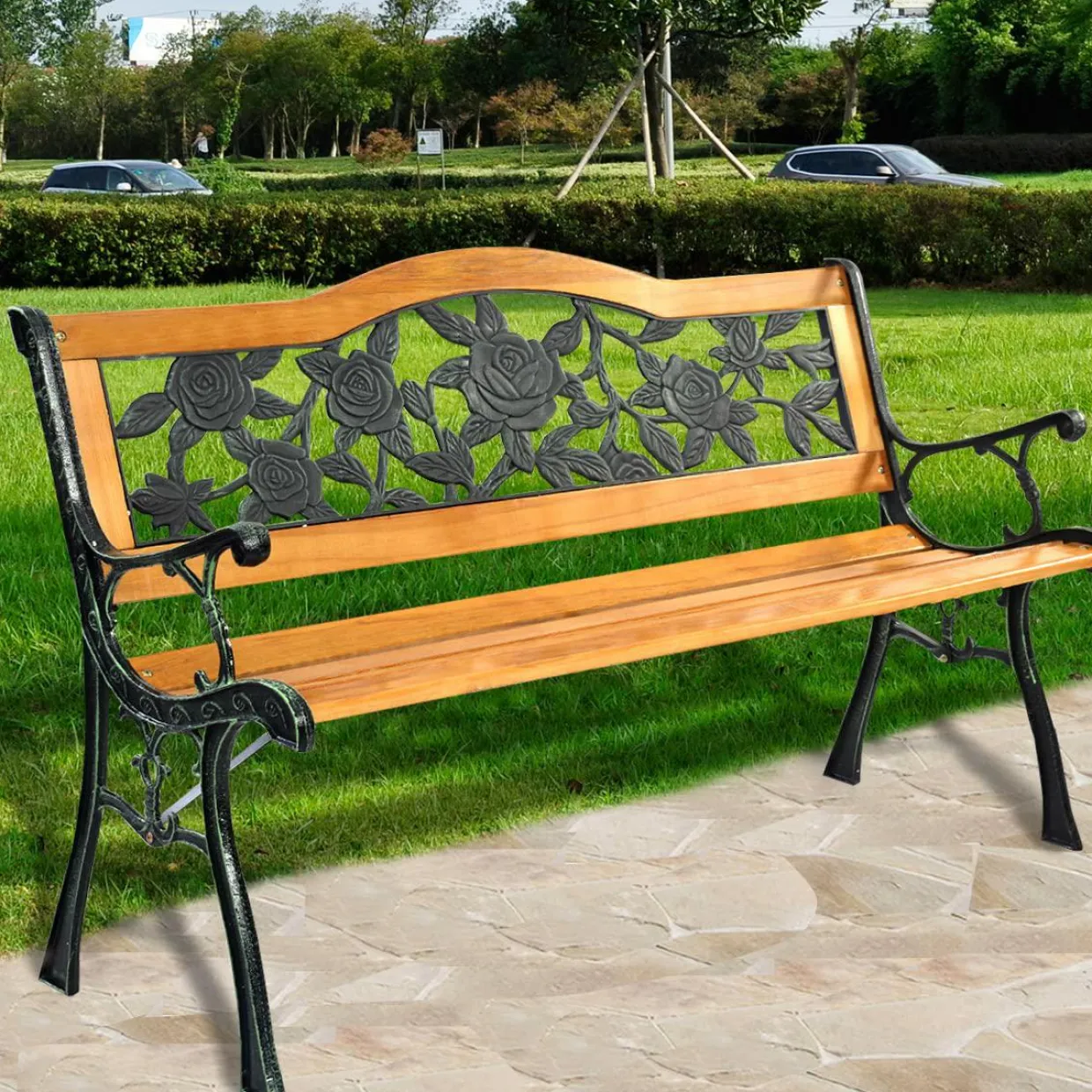 Tangkula Outdoor Garden Bench Park Bench, Patio Bench Chair with Cast Iron & Hardwood Structure