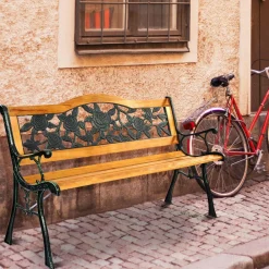 Tangkula Outdoor Garden Bench Park Bench, Patio Bench Chair with Cast Iron & Hardwood Structure