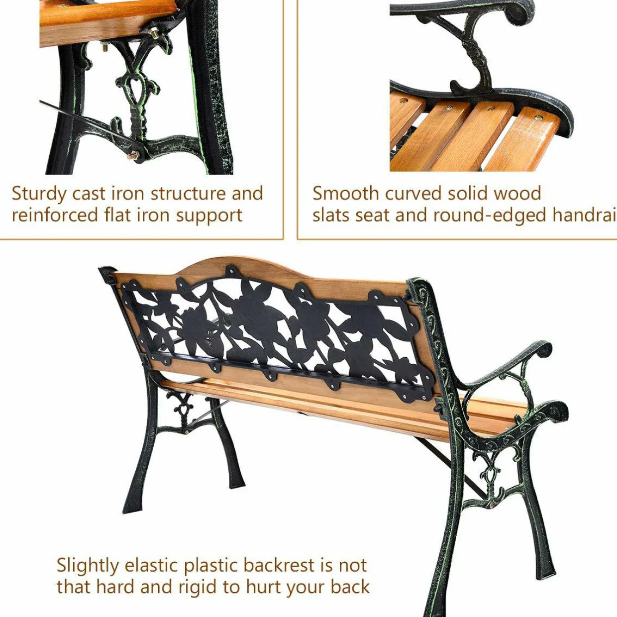 Tangkula Outdoor Garden Bench Park Bench, Patio Bench Chair with Cast Iron & Hardwood Structure