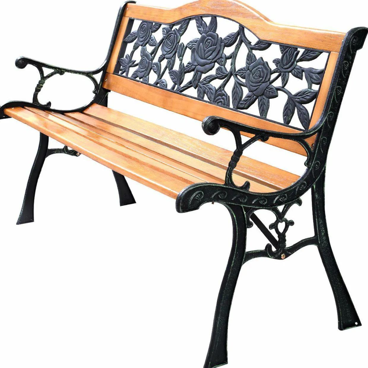 Tangkula Outdoor Garden Bench Park Bench, Patio Bench Chair with Cast Iron & Hardwood Structure