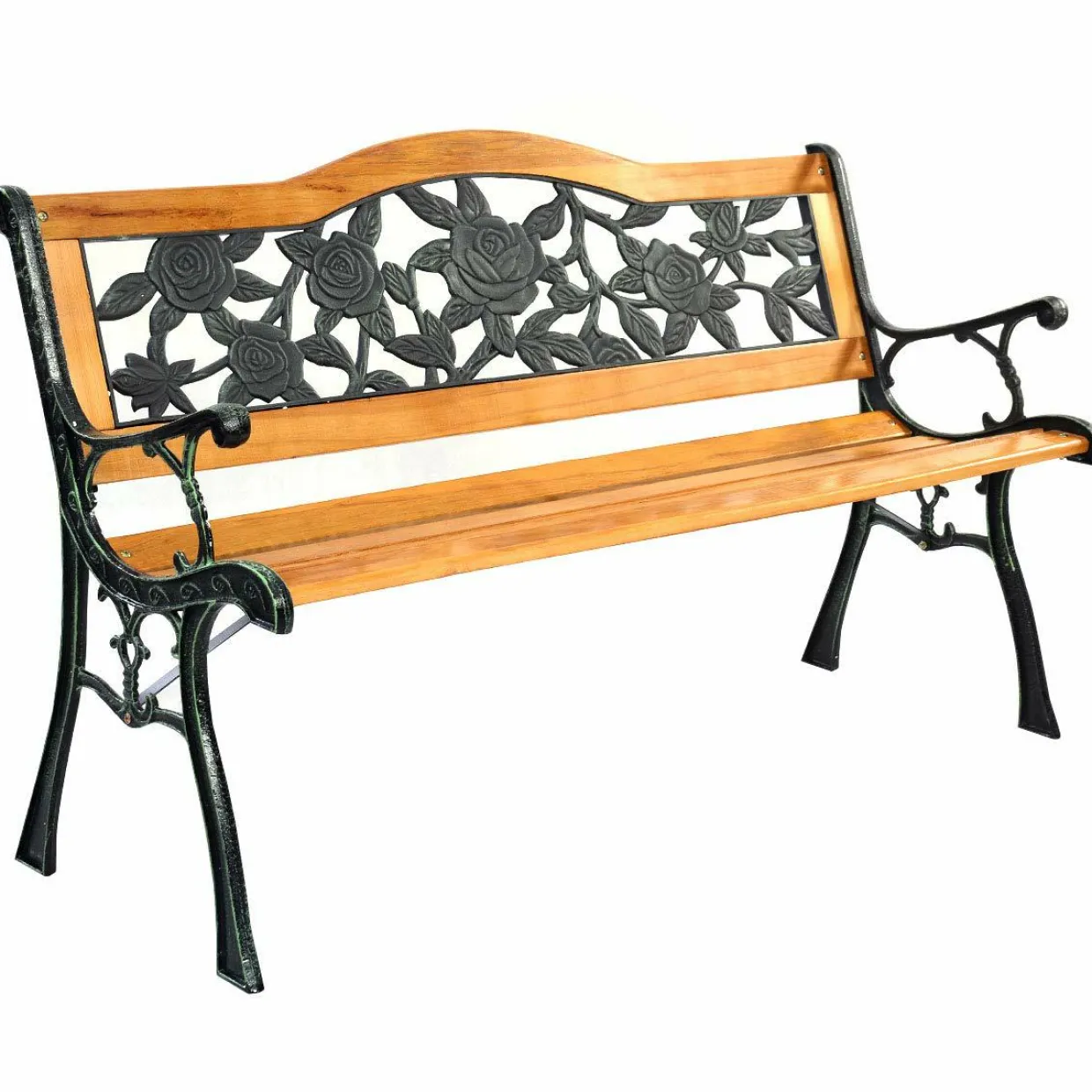 Tangkula Outdoor Garden Bench Park Bench, Patio Bench Chair with Cast Iron & Hardwood Structure