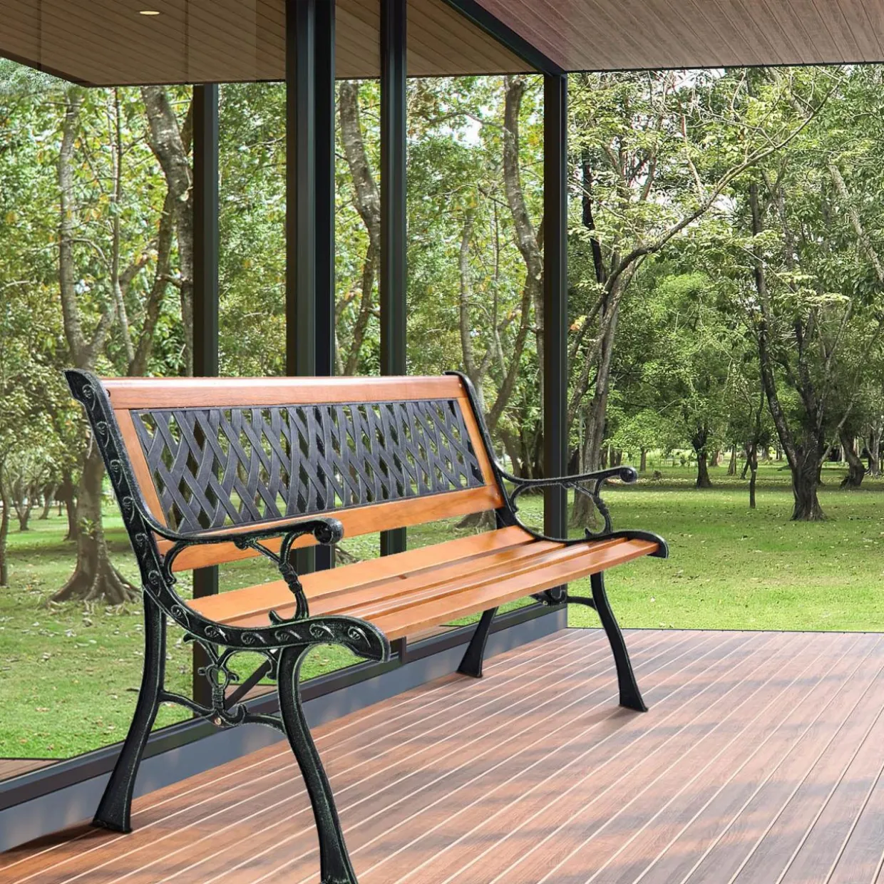 Tangkula Outdoor Garden Bench Park Bench, Patio Bench Chair with Cast Iron & Hardwood Structure
