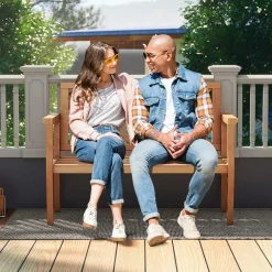Tangkula Outdoor Garden Bench, 2-Person Teak Wood Bench with Comfy Armrests and Backrest, Slatted Seating Area