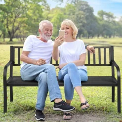Tangkula Outdoor Garden Bench with Pullout Middle Table