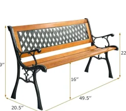 Tangkula Outdoor Garden Bench Park Bench, Patio Bench Chair with Cast Iron & Hardwood Structure