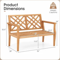 Tangkula Outdoor Garden Bench, 2-Person Teak Wood Bench with Comfy Armrests and Backrest, Slatted Seating Area